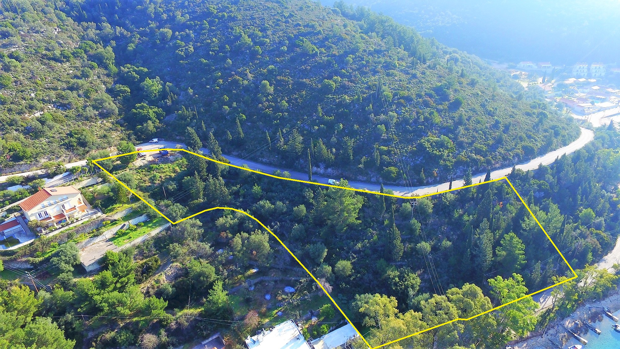 Aerial views with outlined border of land for sale in Ithaca Greece, Vathi