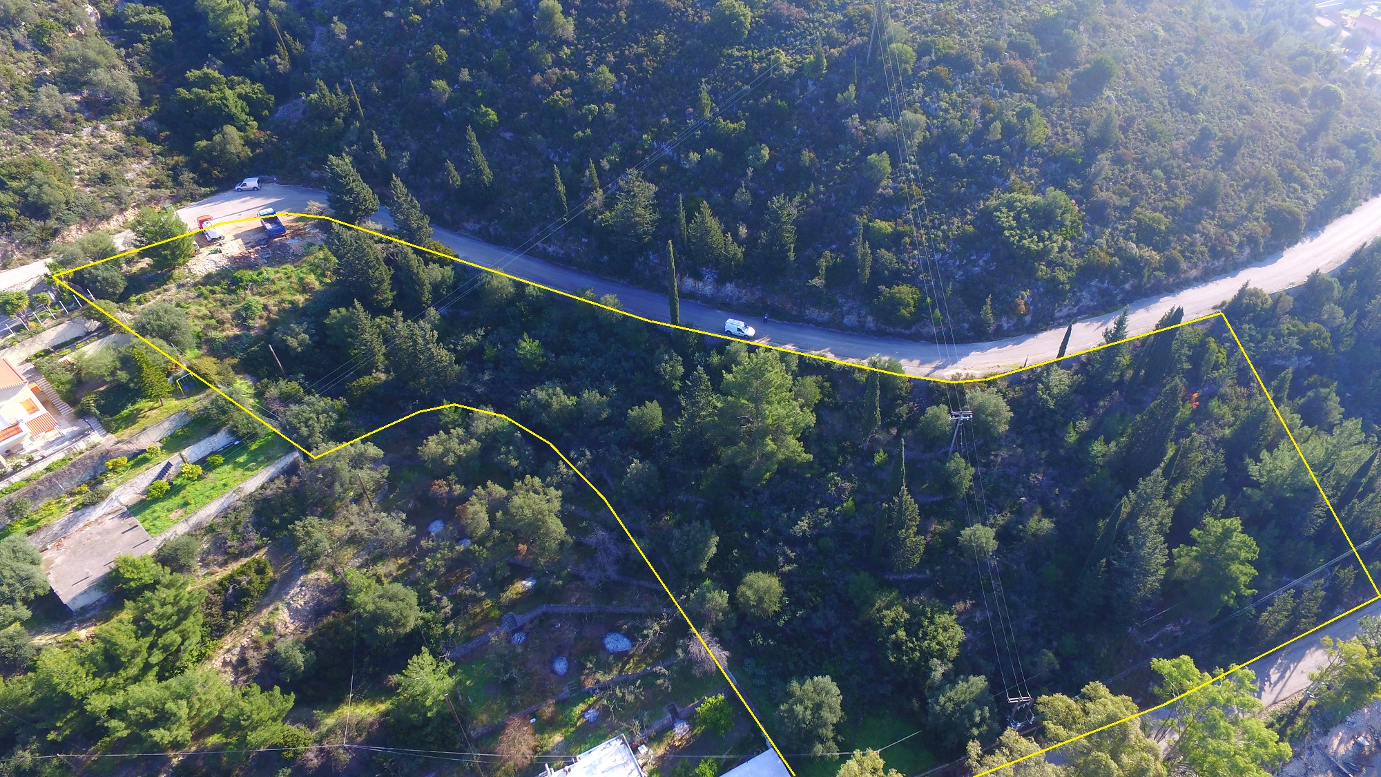 Aerial view with outlined border of land for sale in Ithaca Greece, Vathi