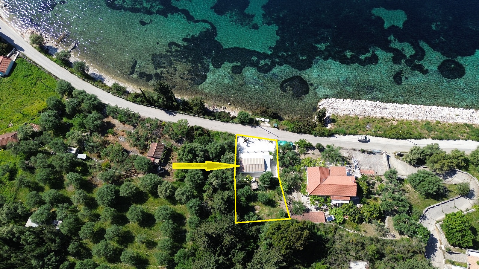 Aerial view and outlined border of house for sale in Ithaca Greece, Aetos