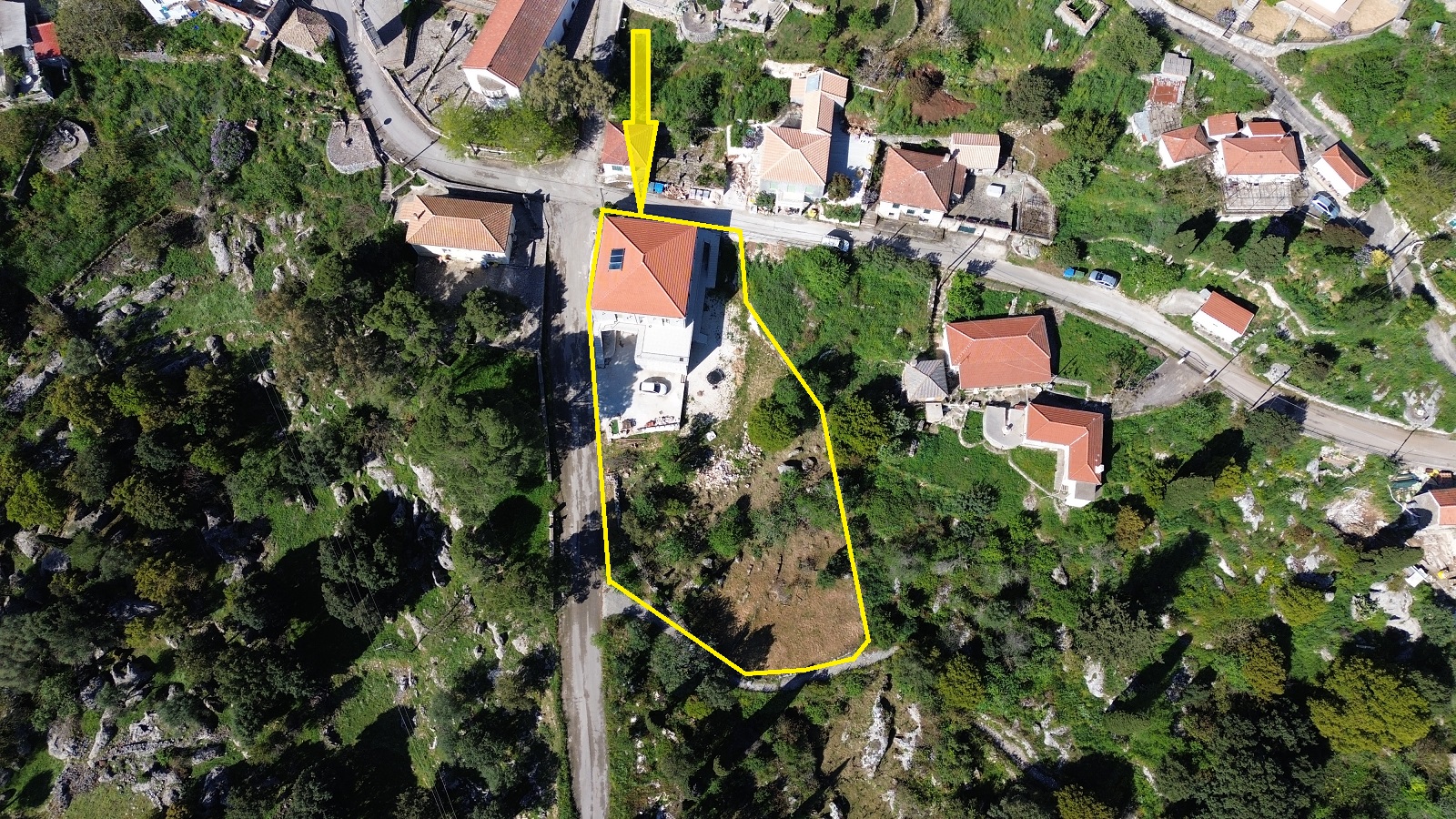 Aerial view and outlined border of house for sale in Ithaca Greece, Anoghi