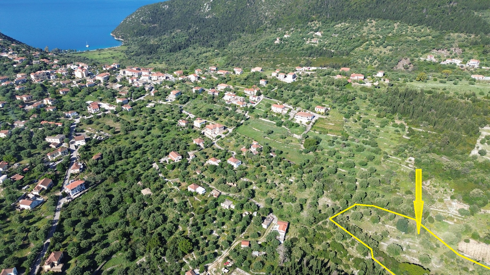 Aerial view and outlined border of land for sale in Ithaca Greece, Stavros