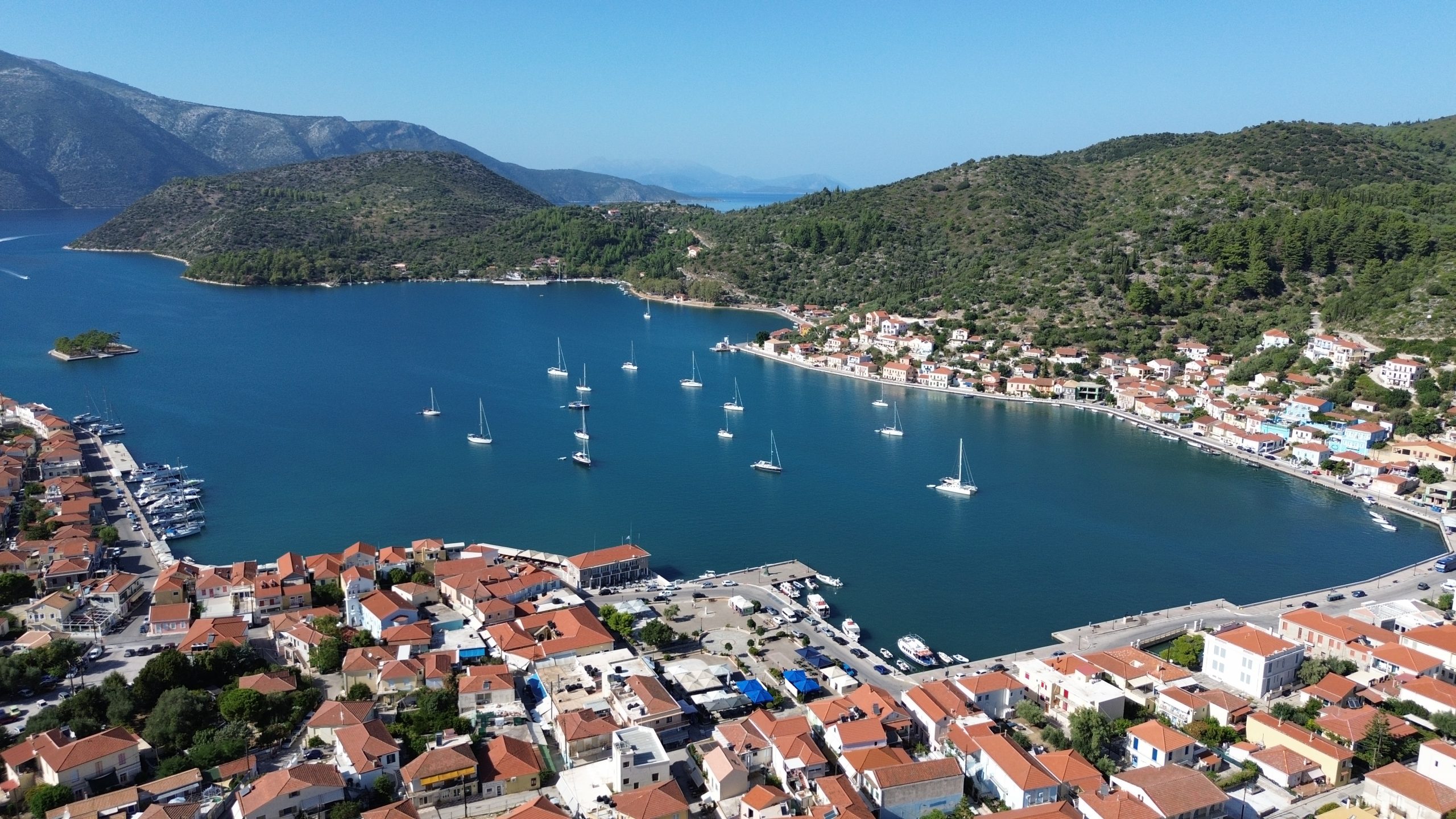 MV Properties Vathi Ithaca Greece real estate aerial view Aerial view of Vathi harbour, Ithaca Greece, MV Properties real estate