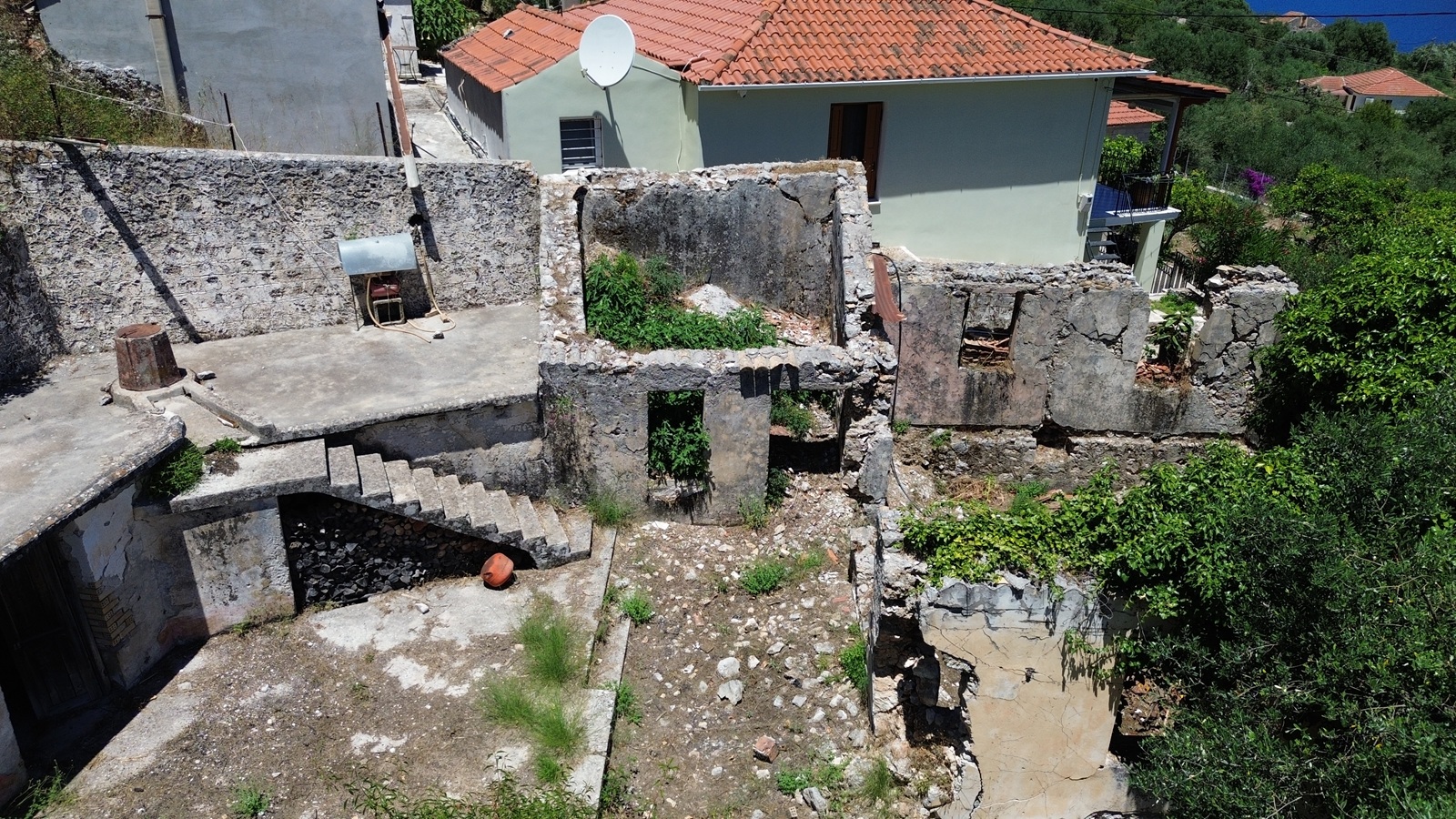 Aerial view of ruin with land for sale in Ithaca Greece, Kolleri