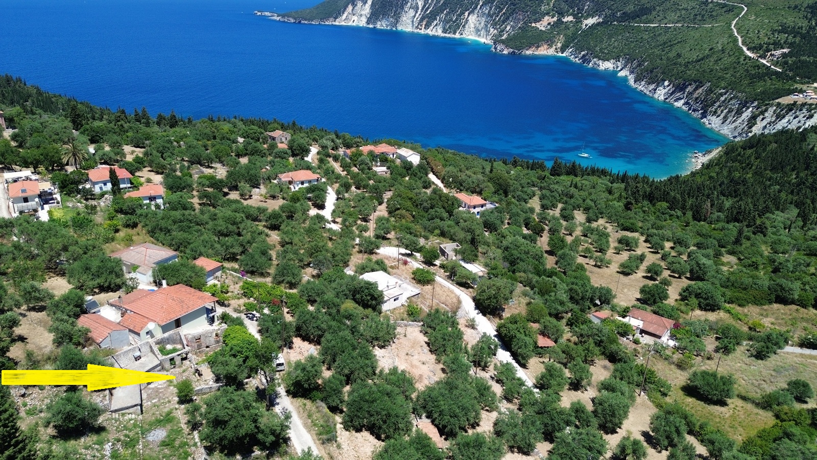 Aerial view and location of ruin with land for sale in Ithaca Greece, Kolleri