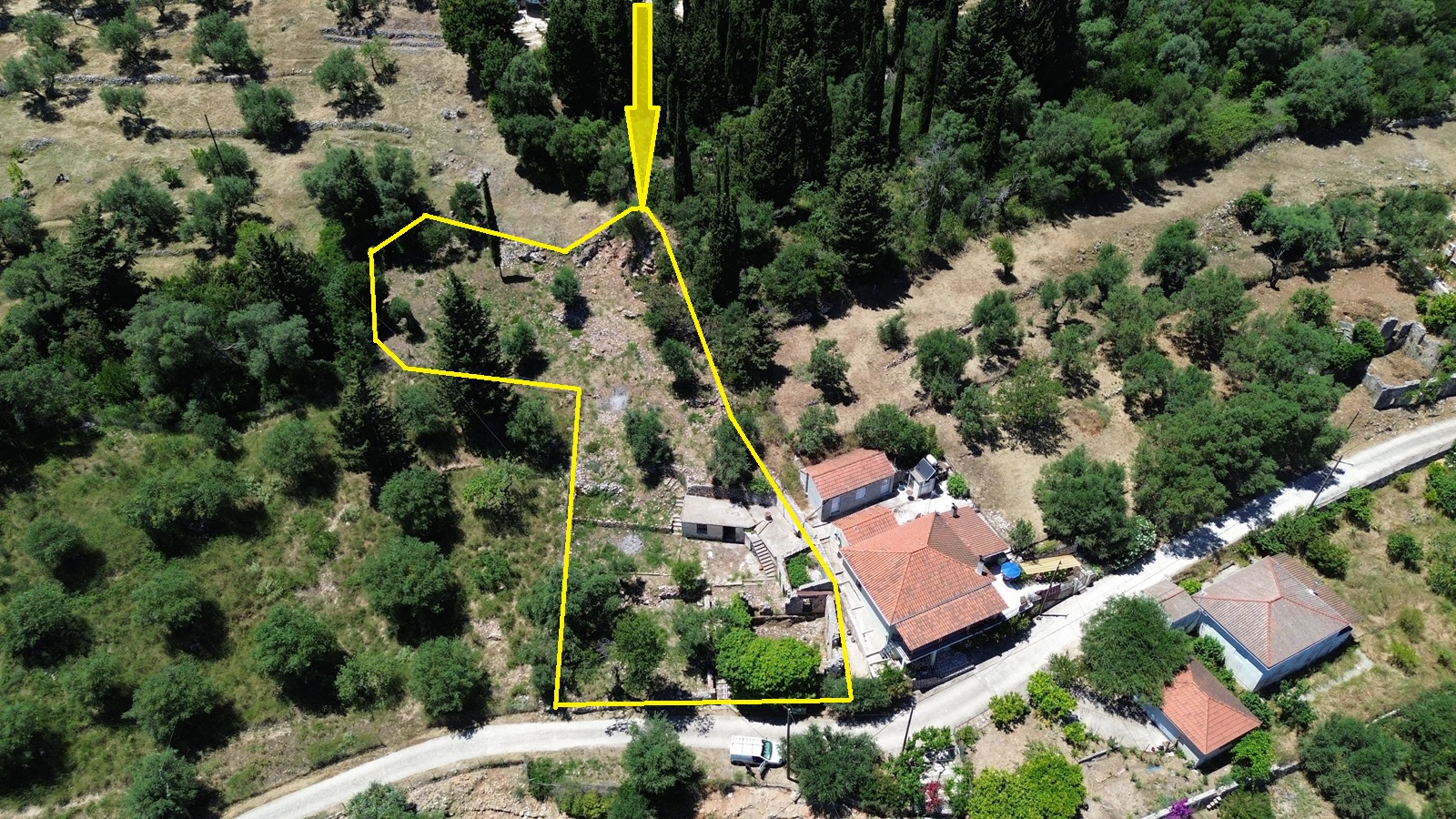 Aerial view with outlined border of ruin with land for sale in Ithaca Greece, Kolleri