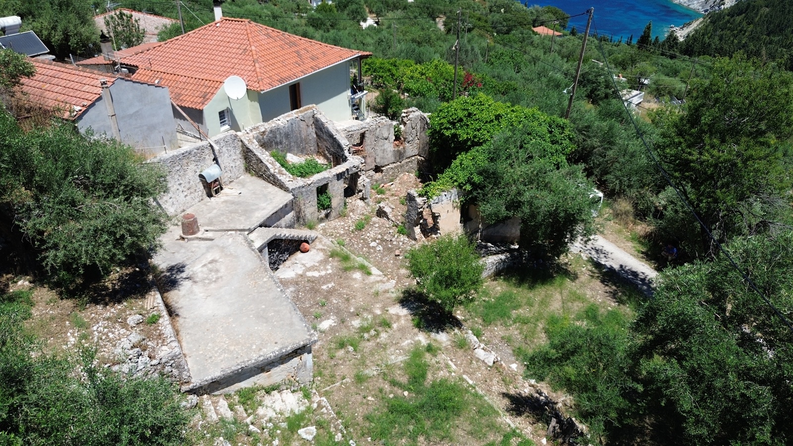 Aerial view of ruin with land for sale in Ithaca Greece, Kolleri