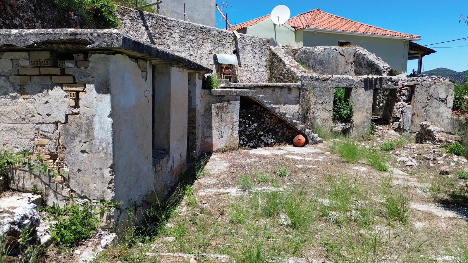 Aerial view of ruin with land for sale in Ithaca Greece, Kolleri