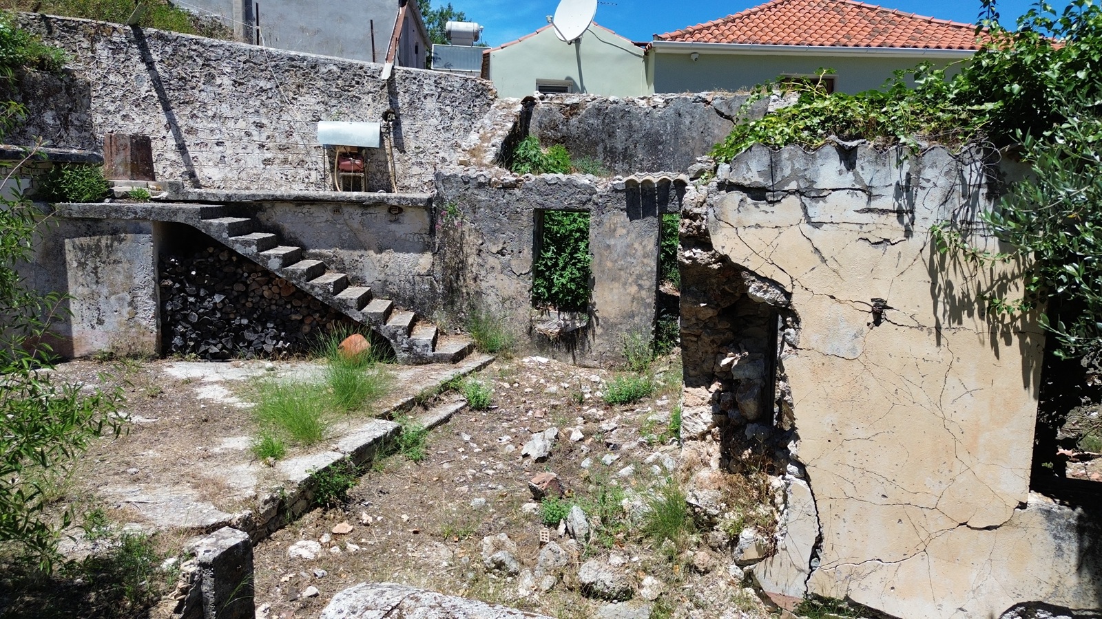 Aerial view of ruin with land for sale in Ithaca Greece, Kolleri