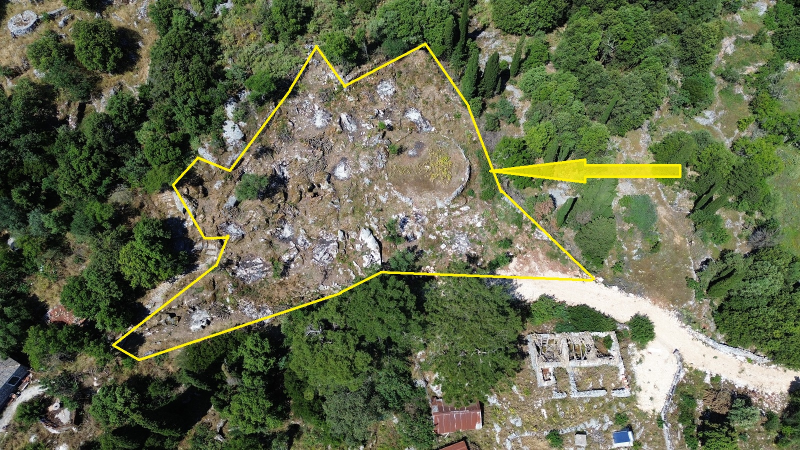 Aerial view with outlined border of land for sale in Ithaca Greece, Anoghi