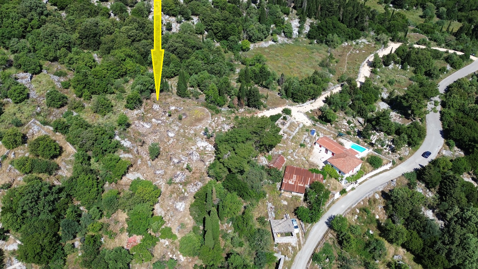 Aerial view and location of land for sale in Ithaca Greece, Anoghi