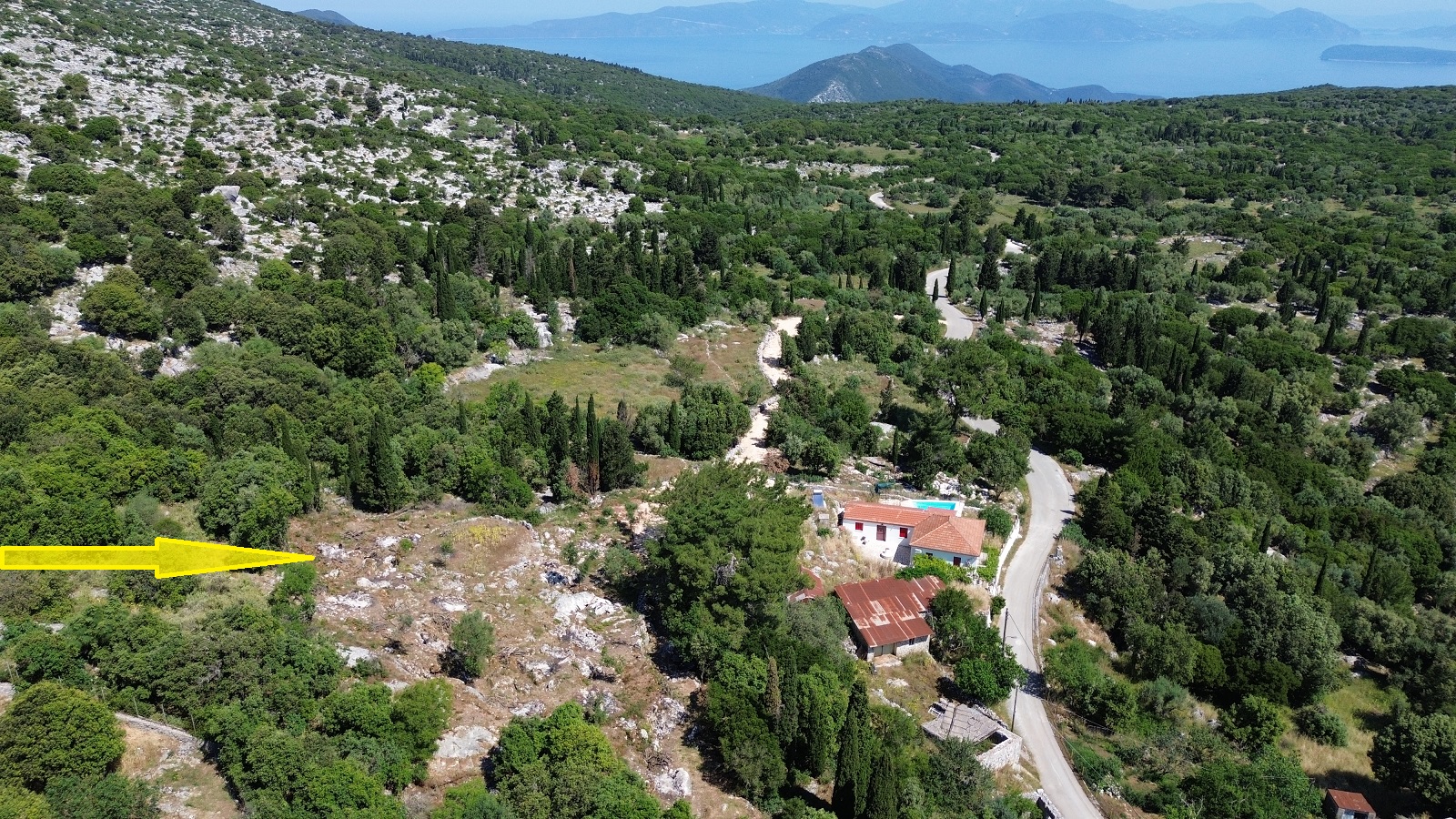 Aerial view and location of land for sale in Ithaca Greece, Anoghi