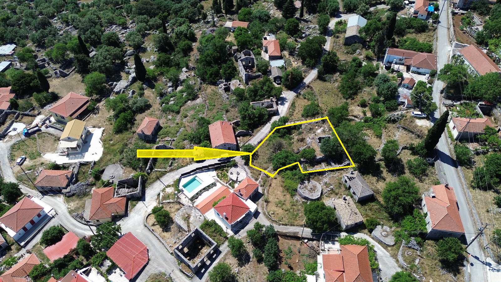 Aerial view and outlined border of land with ruin for sale in Ithaca Greece, Anoghi
