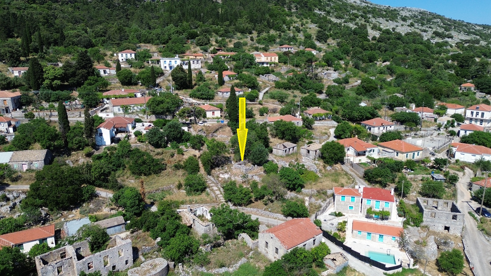 Aerial view and location of land with ruin for sale in Ithaca Greece, Anoghi