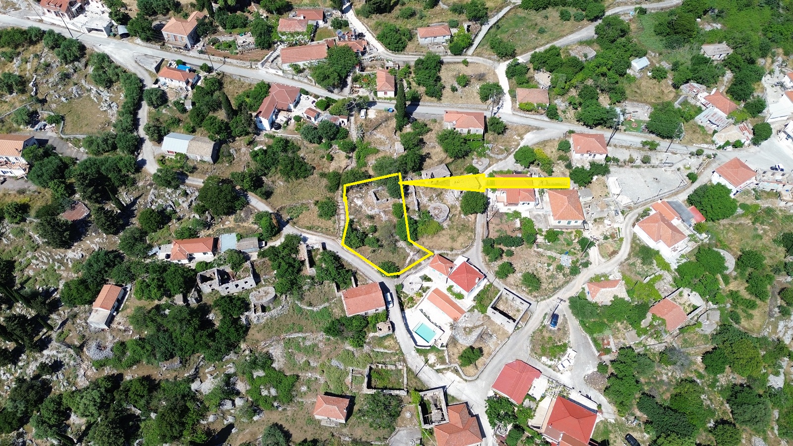 Aerial view with outlined border of land with ruin for sale in Ithaca Greece, Anoghi