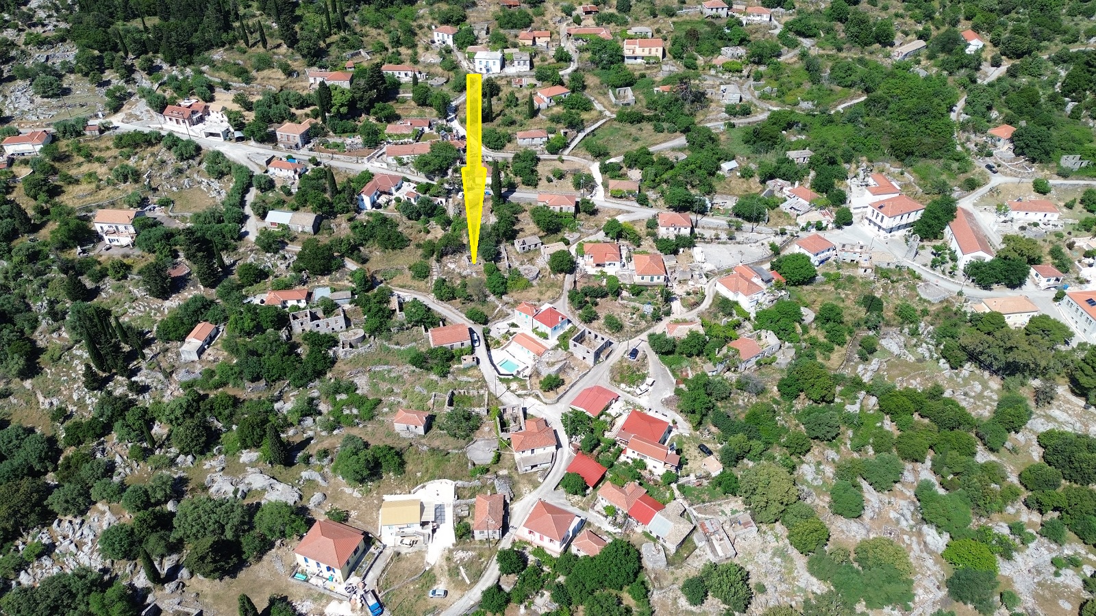 Aerial view and location of land with ruin for sale in Ithaca Greece, Anoghi