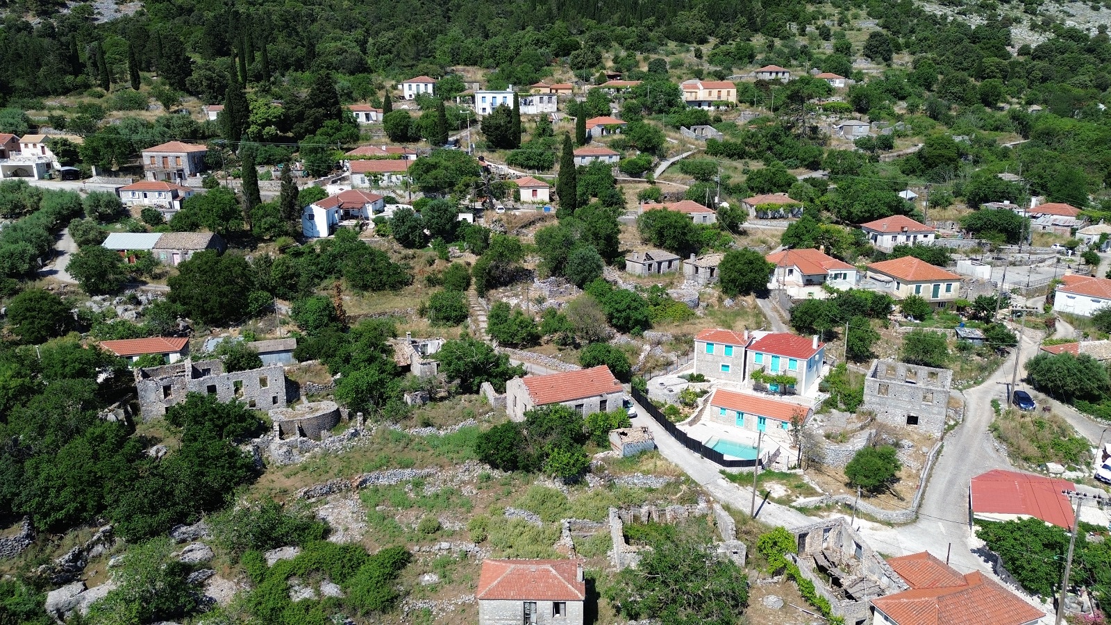 Aerial view of land with ruin for sale in Ithaca Greece, Anoghi