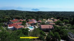 Aerial view and location of land with ruin for sale in Ithaca Greece, Anoghi