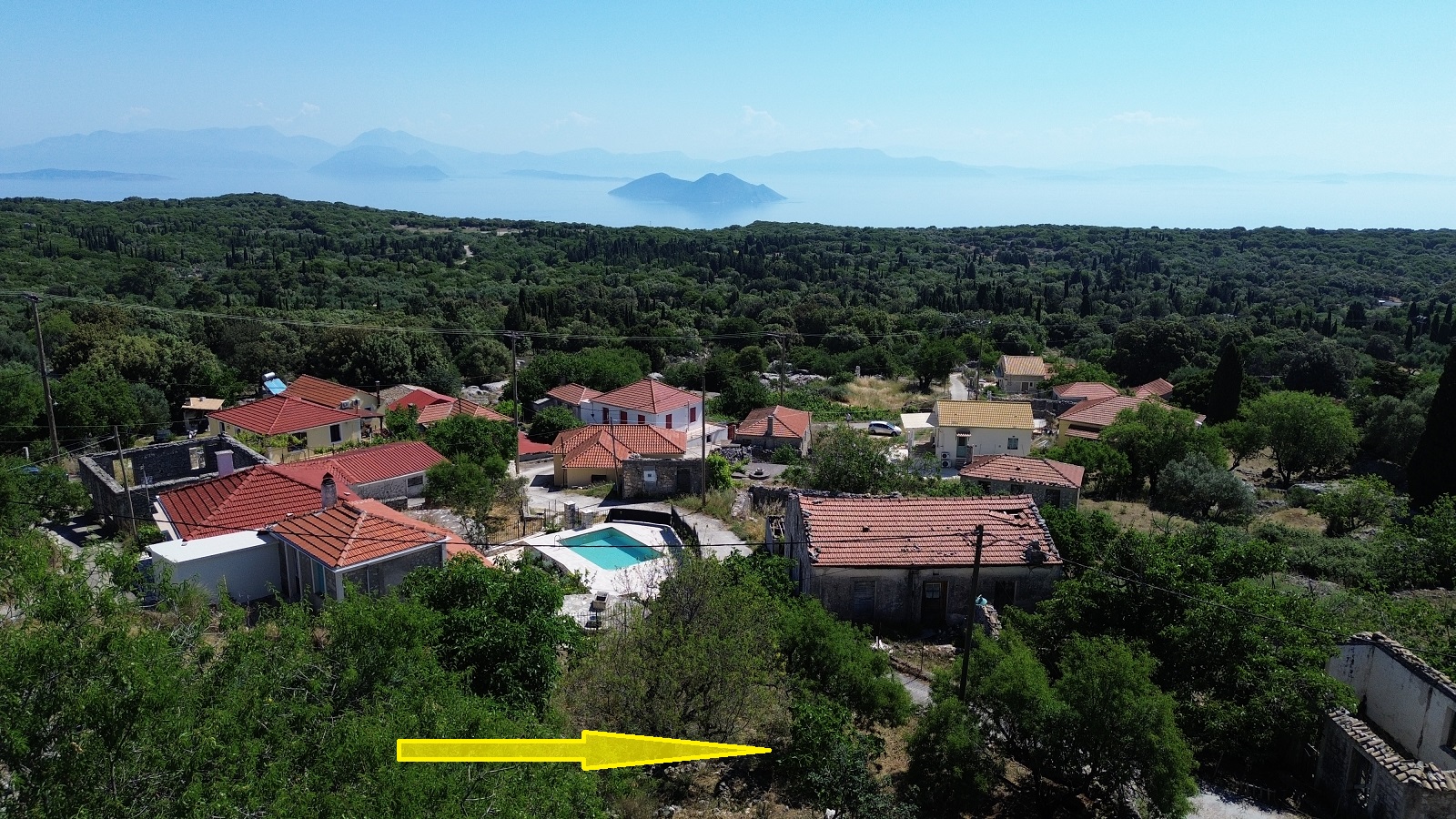 Aerial view and location of land with ruin for sale in Ithaca Greece, Anoghi