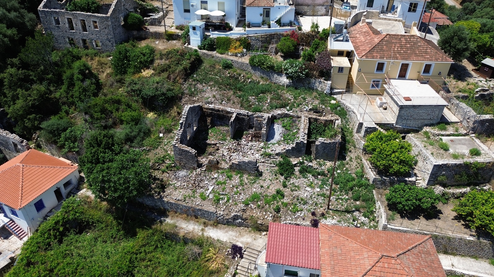 Aerial view of ruin for sale in Ithaca Greece, Kioni