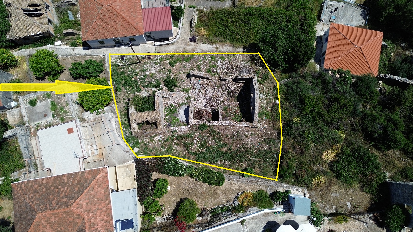 Aerial view with outlined border of ruin for sale in Ithaca Greece, Kioni