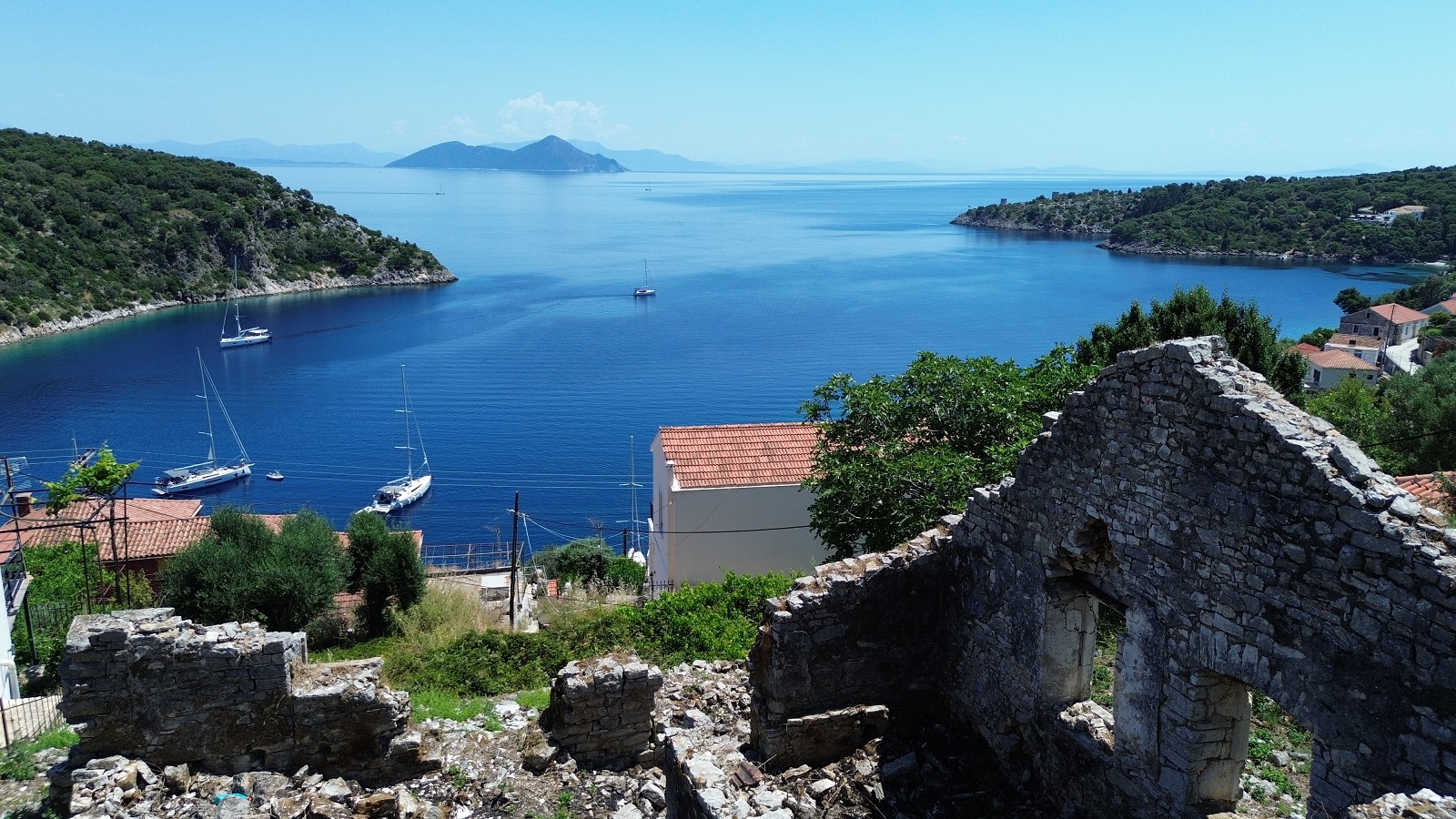 Aerial view of ruin for sale in Ithaca Greece, Kioni