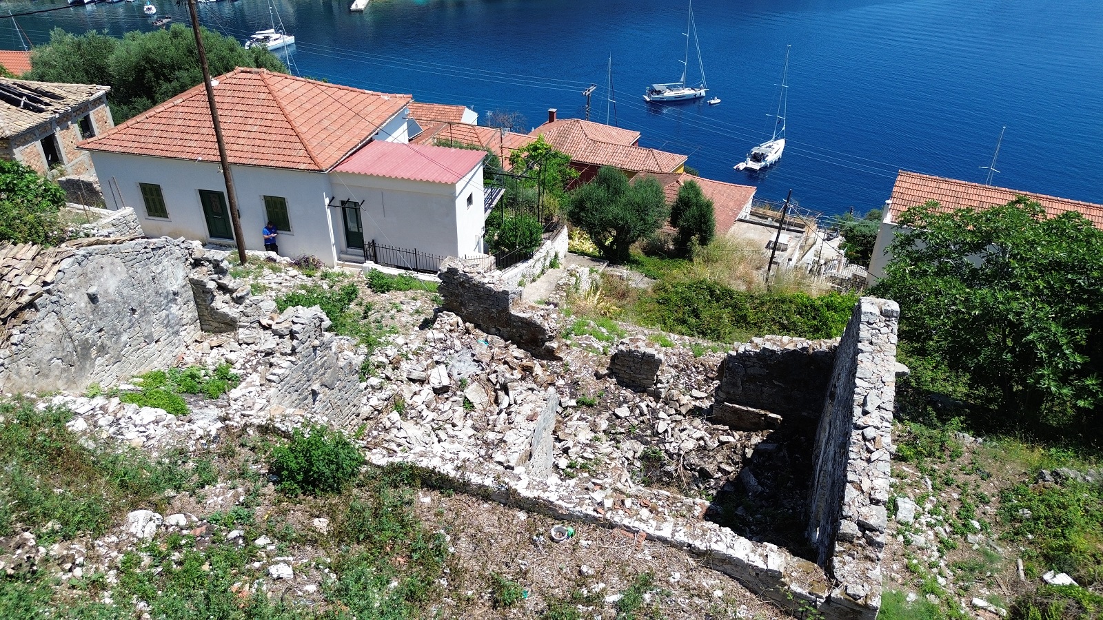 Aerial view of ruin for sale in Ithaca Greece, Kioni