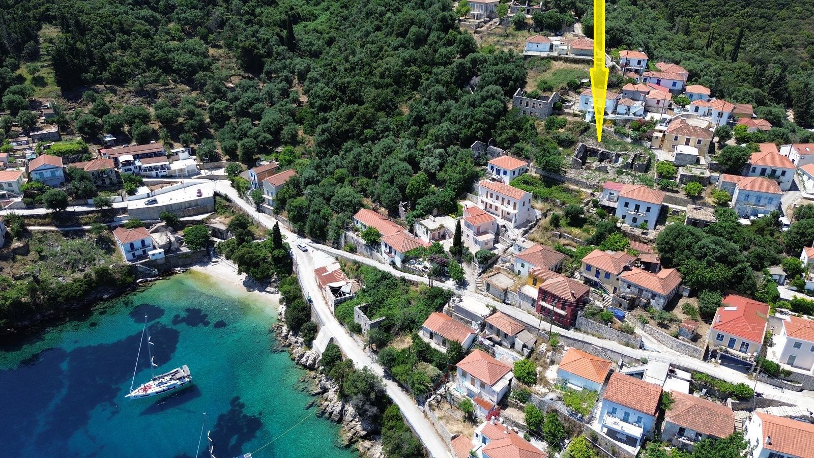 Aerial view and location of ruin for sale in Ithaca Greece, Kioni