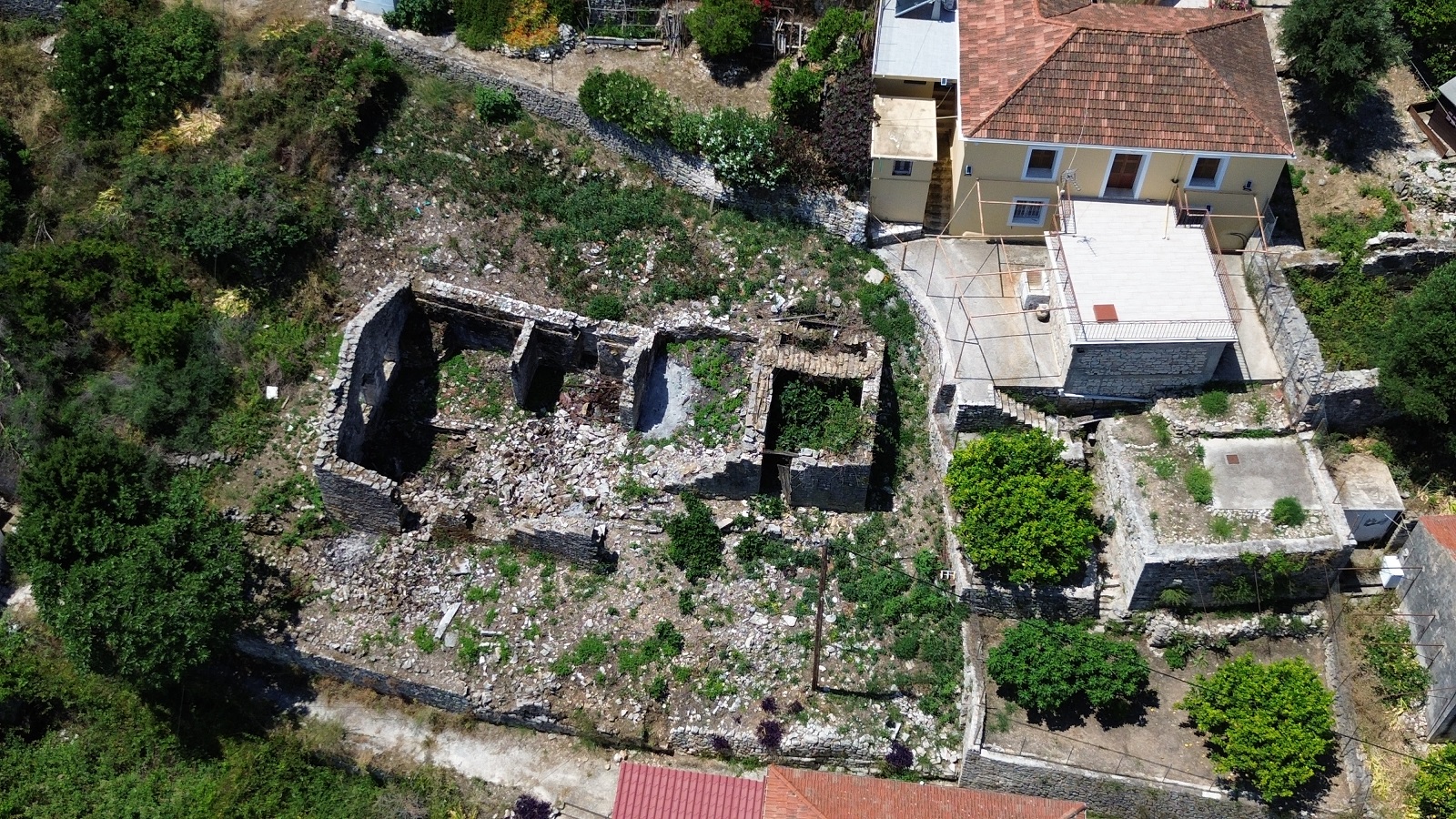 Aerial view of ruin for sale in Ithaca Greece, Kioni