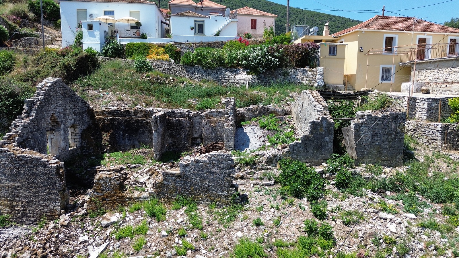 Aerial view of ruin for sale in Ithaca Greece, Kioni