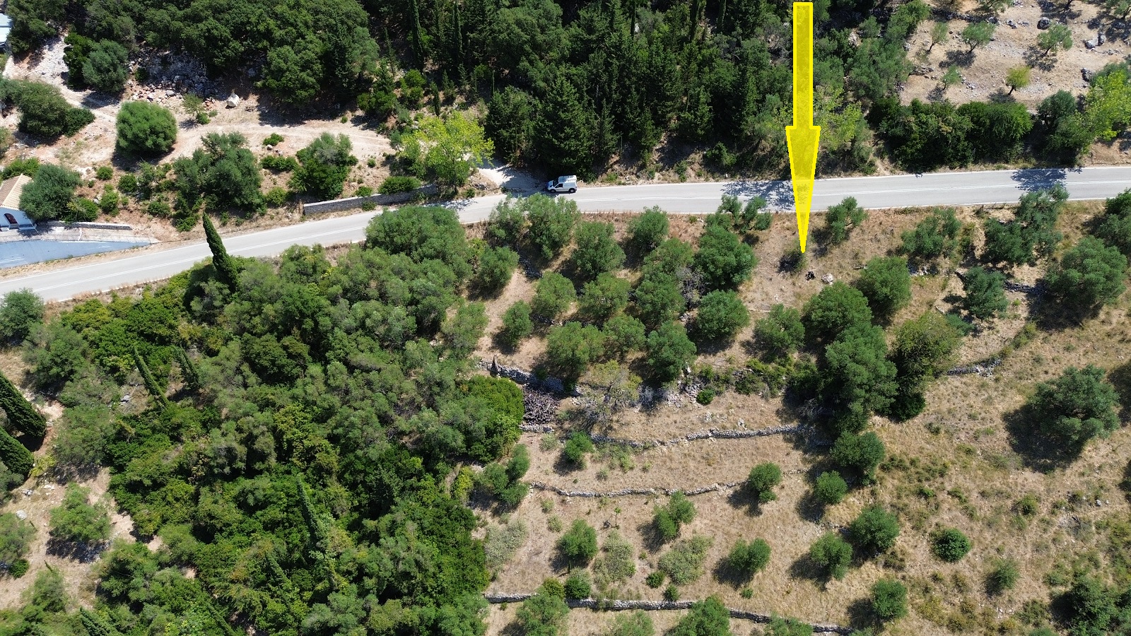 Aerial view and location of land with building license for sale in Ithaca Greece Piso Aetos