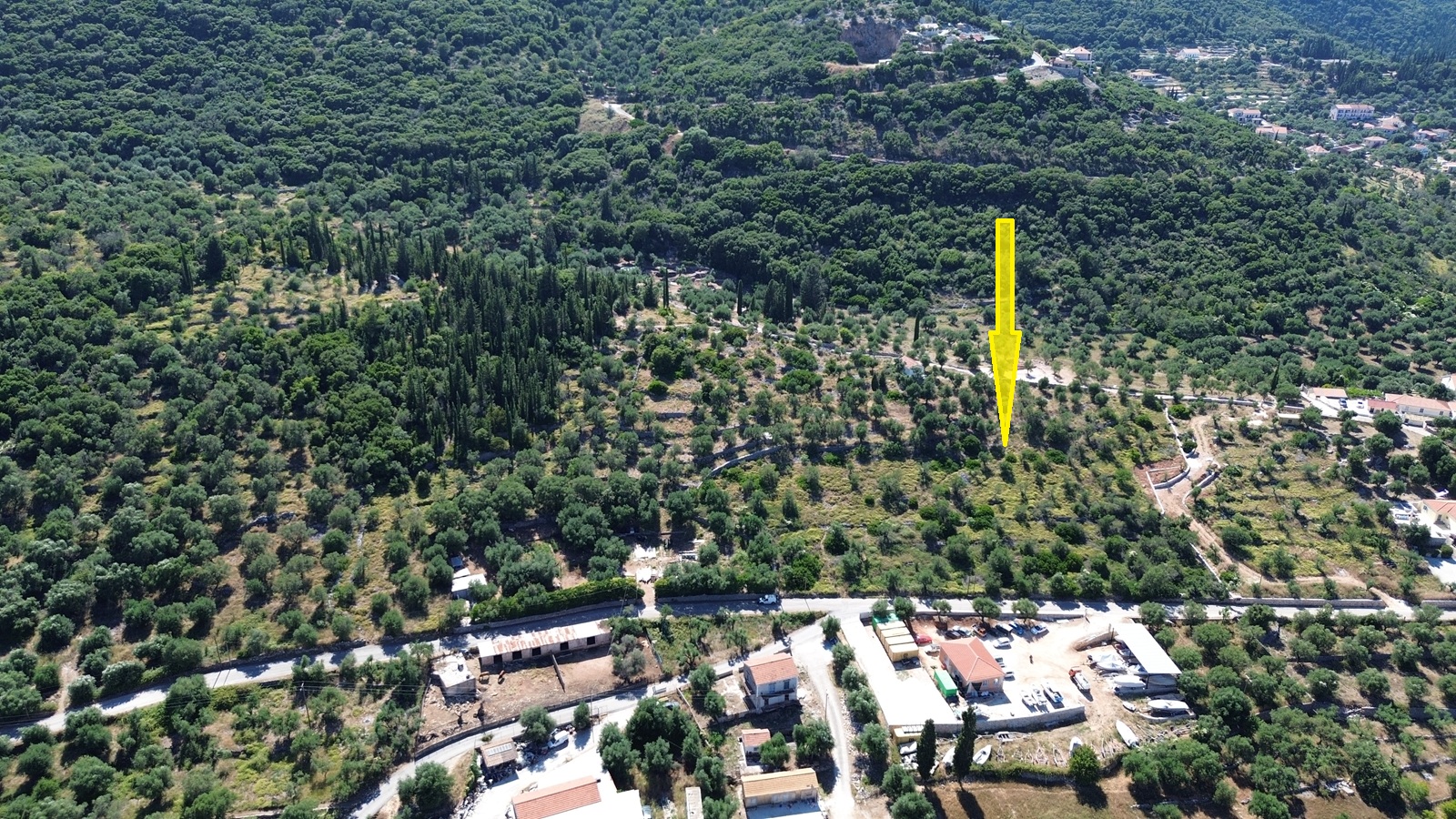 Aerial view and location of land for sale in Ithaca, Greece, Vathi