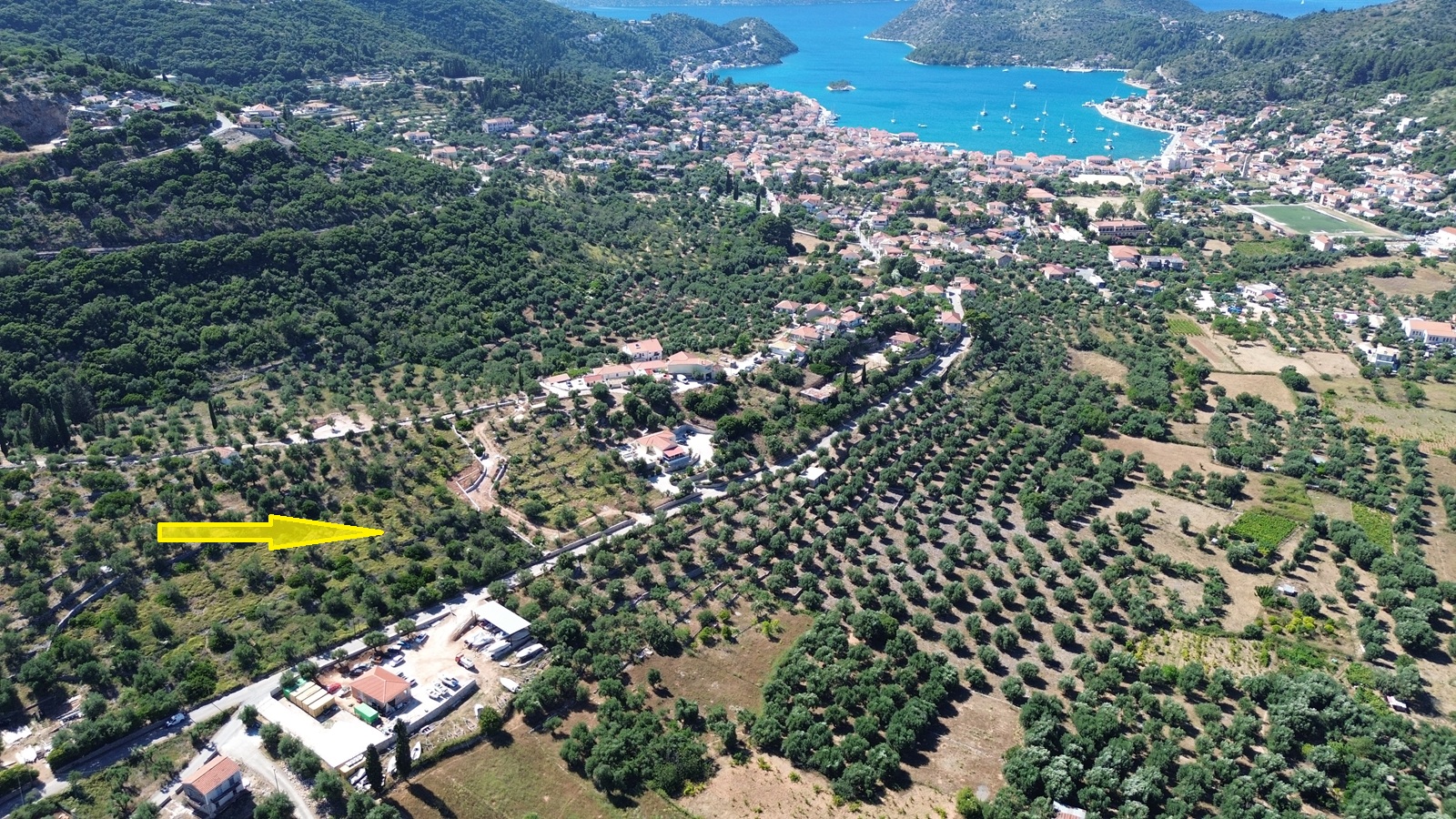 Aerial view and location of land for sale in Ithaca, Greece, Vathi