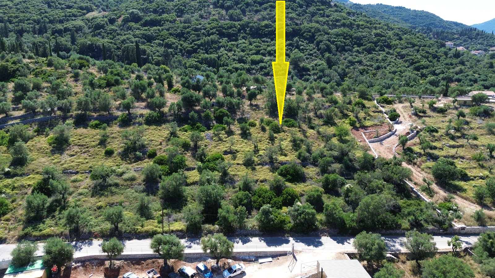 Aerial view and location of land for sale in Ithaca, Greece, Vathi