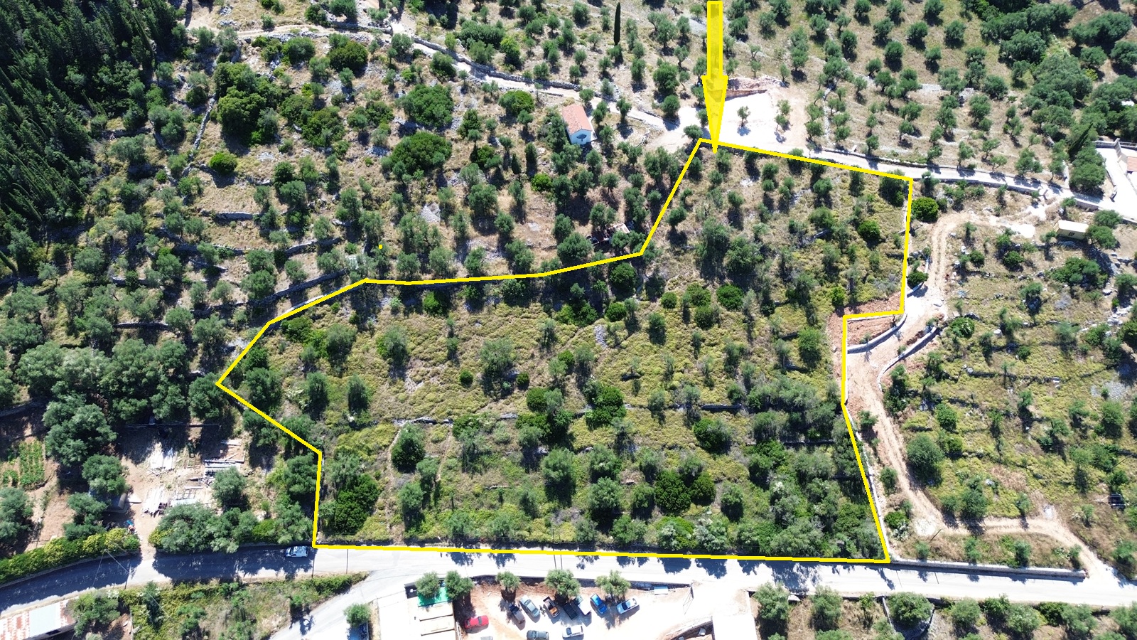 Aerial view with outlined border of land for sale in Ithaca, Greece, Vathi