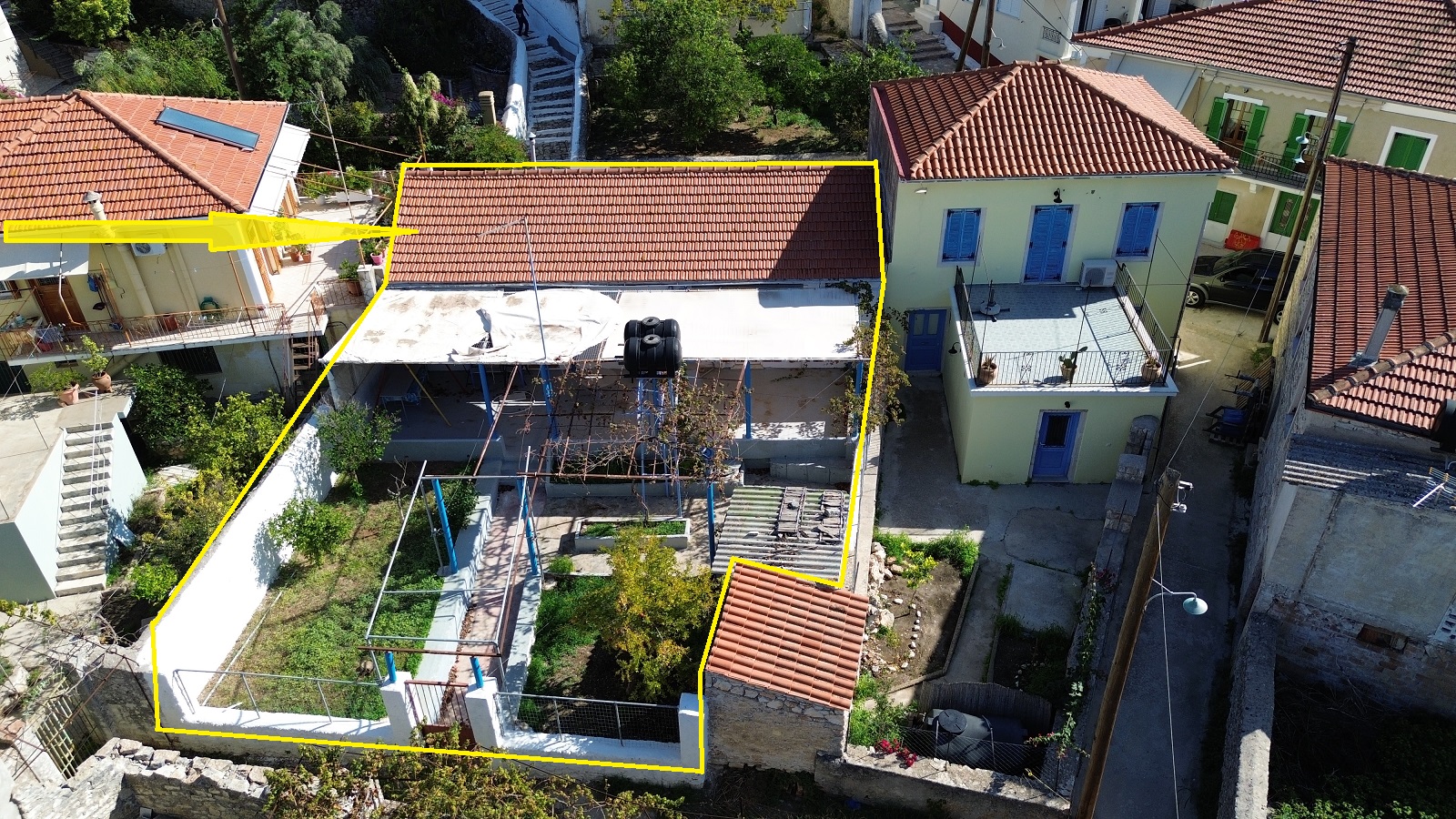 Aerial view with border outlined of house for sale in Ithaca Greece Vathi