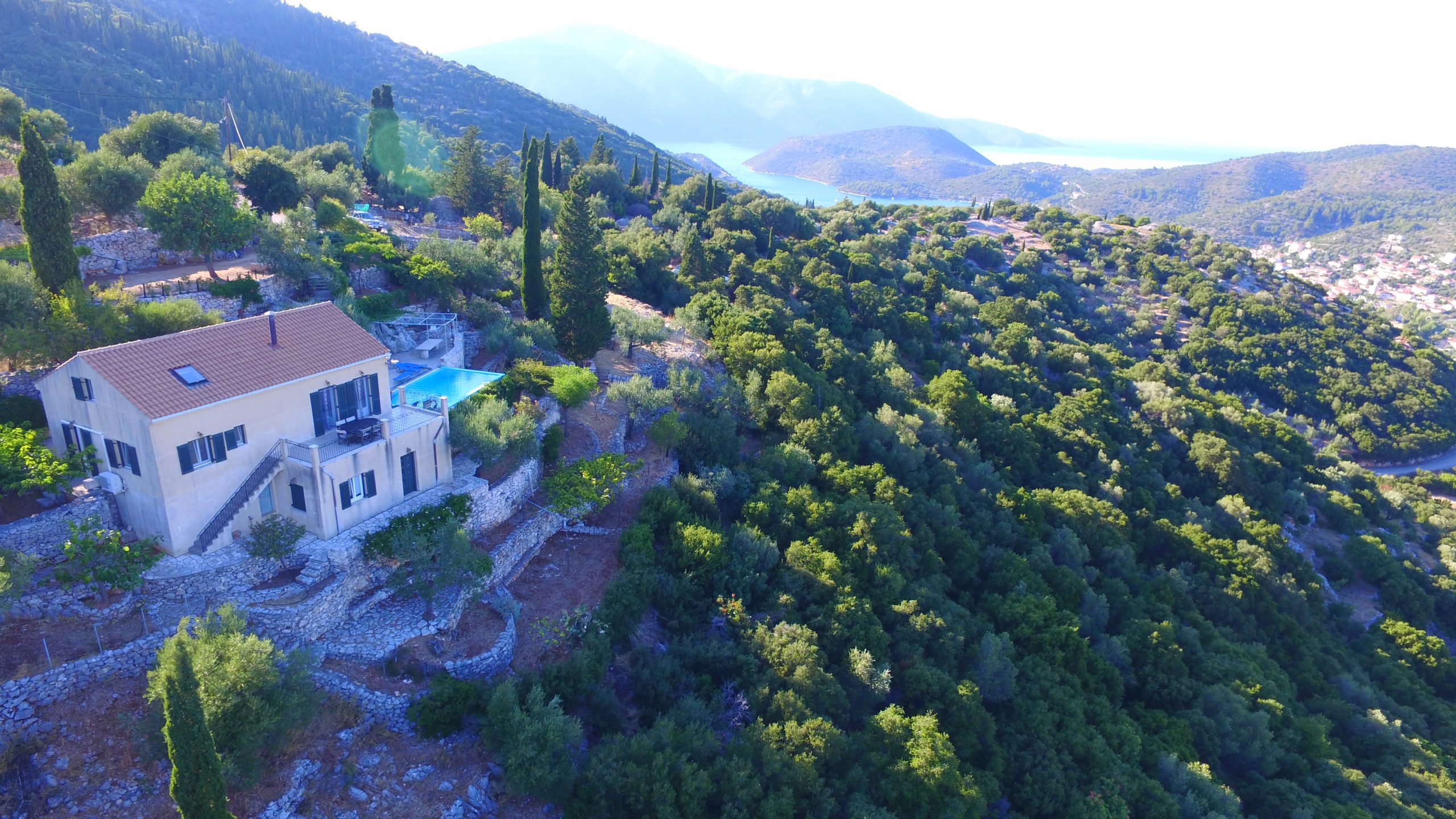 Aerial view of house with pool for sale in Ithaca Greece, Perachori