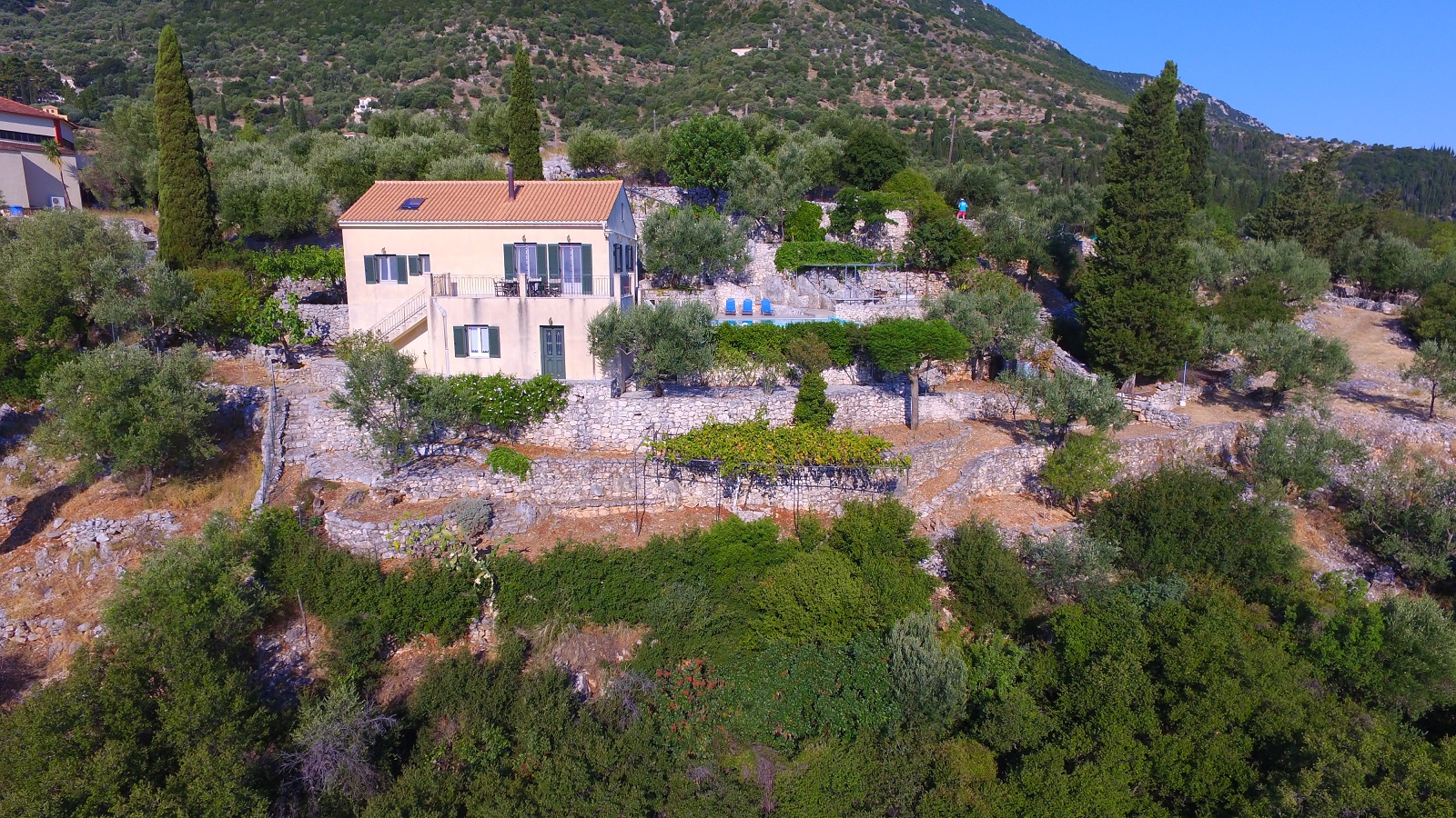 Aerial view of house with pool for sale in Ithaca Greece, Perachori