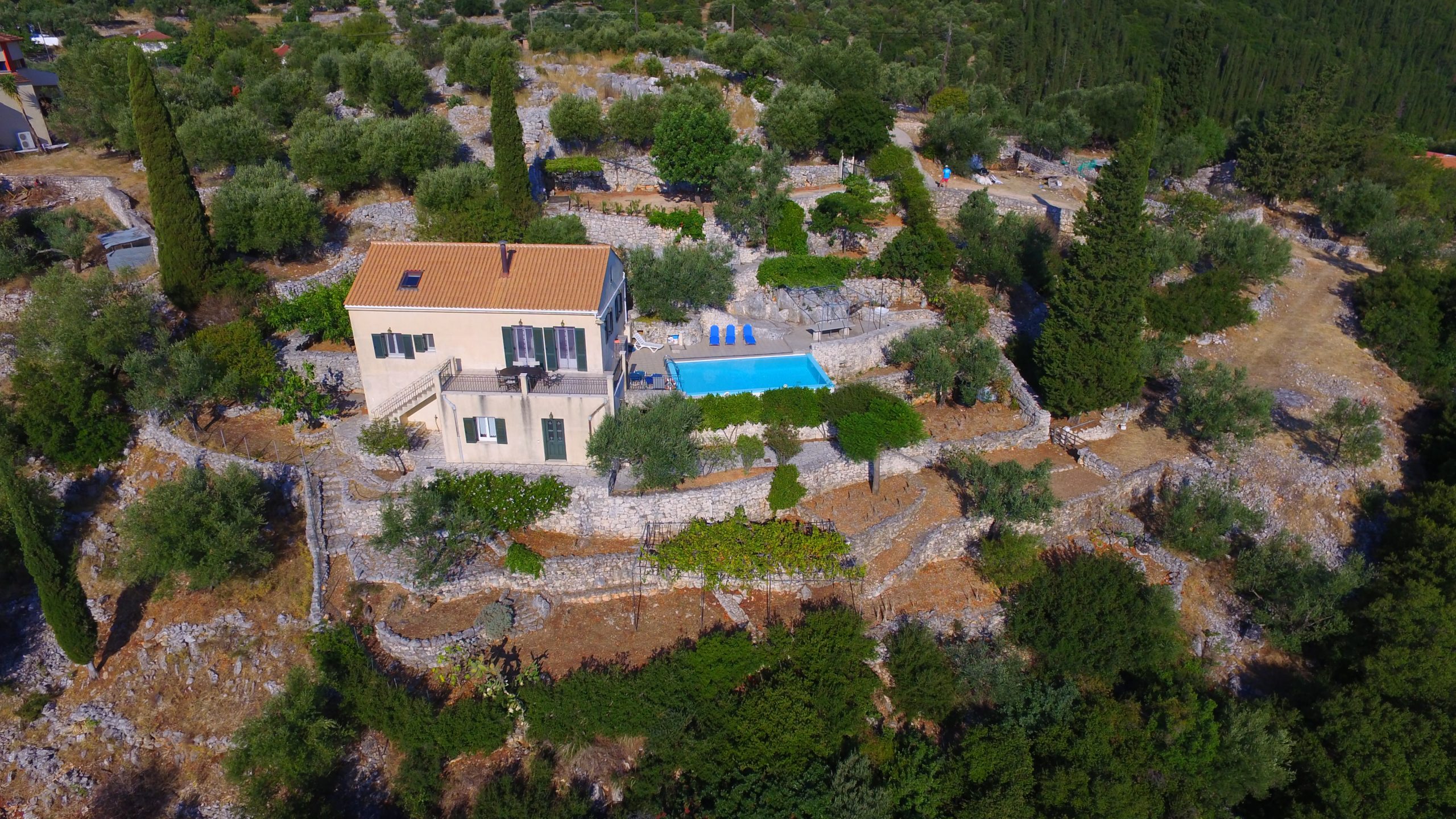 Aerial view of house with pool for sale in Ithaca Greece, Perachori