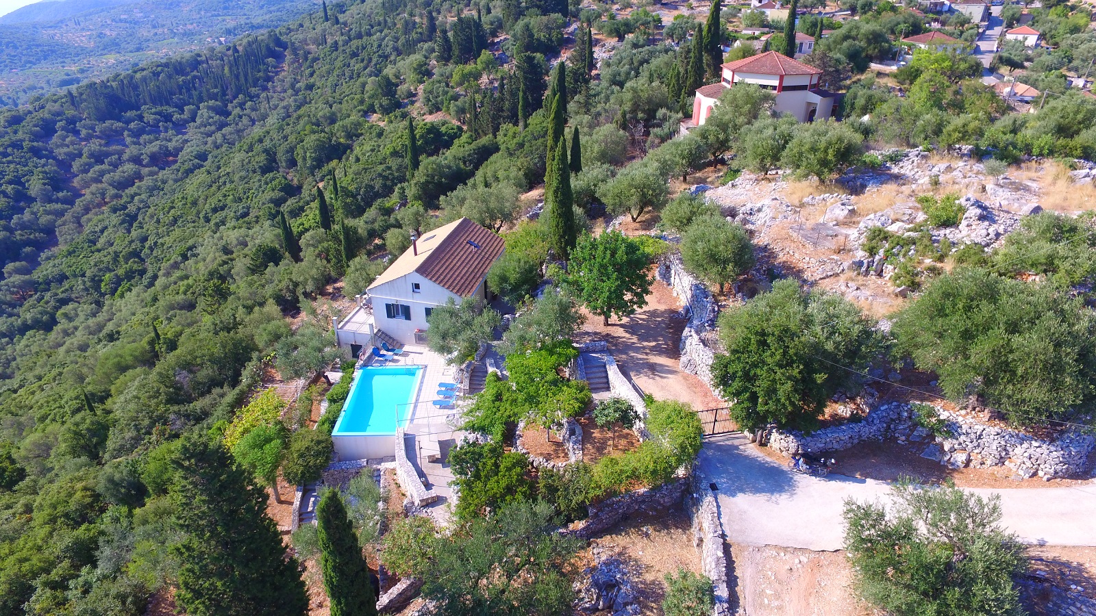 Aerial view of house with pool for sale in Ithaca Greece, Perachori