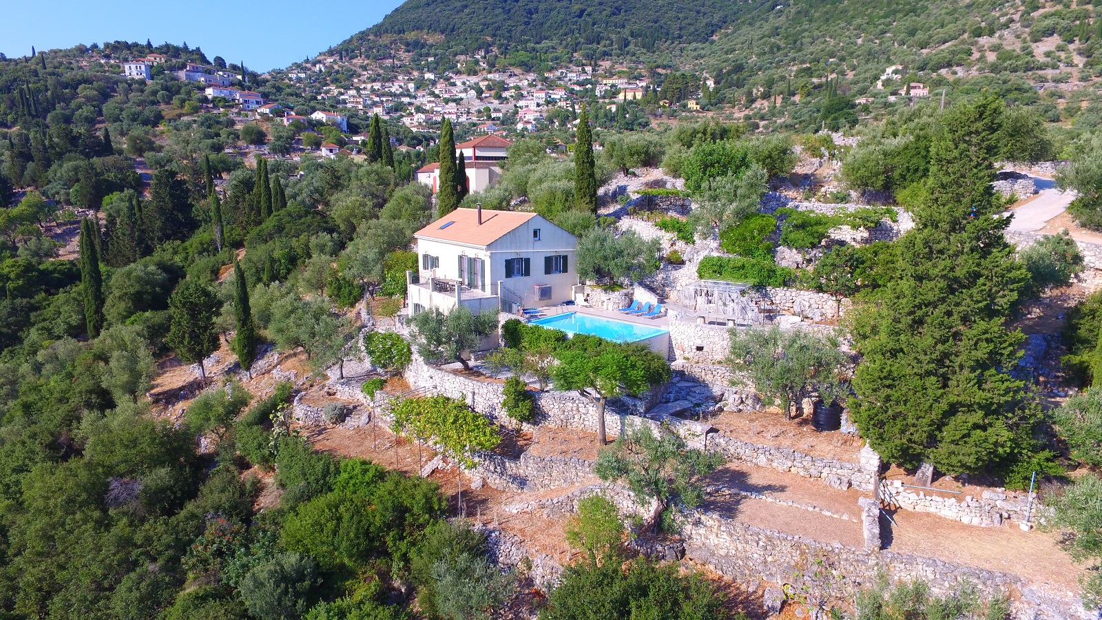 Aerial view of house with pool for sale in Ithaca Greece, Perachori